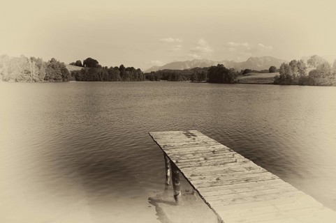 Bathing jetty, jetty, wooden jetty, jetty, leads into a lake, bathing lake, Schwaltenweiher near