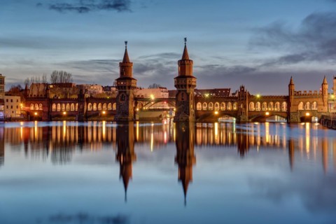 The Spree and the Oberbaum Bridge in Berlin after sunset