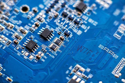 Printed circuit Board with chips and radio components electronics