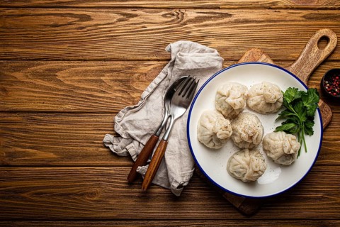 Khinkali, traditional dish of Georgian Caucasian cuisine, dumplings filled with ground meat on