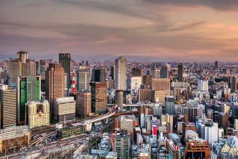 Osaka Japan. Aerial view of the city at dusk