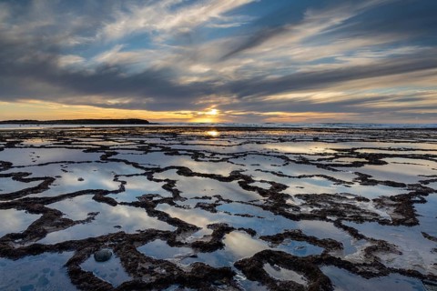 A beautiful sunset over the ocean with rocky beach and tidal pools in the foreground