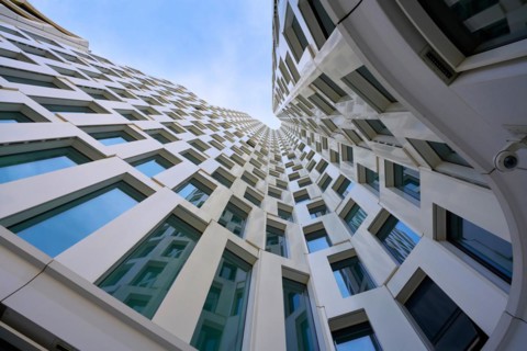 View up to the Upper West tower block on Breitscheidplatz in the centre of Berlin