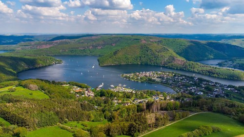 Aerial view of the Rursee in the Eifel region, Germany with Woffelsbach, a district of the city