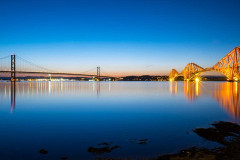 The bridges in South Queensferry, Scotland, at dusk