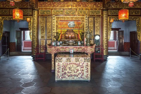 The altar inside Khoo Kongsi, a large Chinese clanhouse with elaborate and highly ornamented
