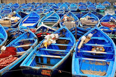 Essaouira, Morocco, North Africa, Africa, Close-up of many closely moored boats, prepared for