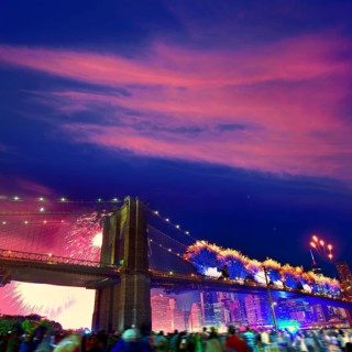 July 4th 2014 fireworks at Brooklyn bridge Manhattan skyline New York USA