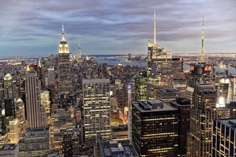 Rockefeller Center observation deck, panoramic view of the dense New York City skyline, skyscrapers