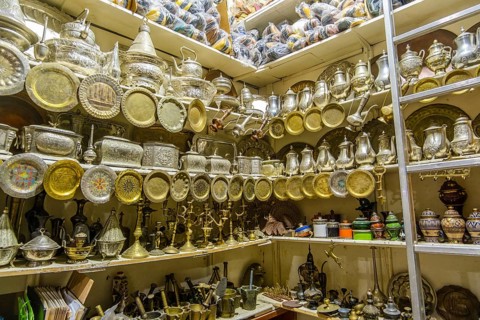 Marketplace in historic medina, full of souvenirs, leather bags, metal pieces, Tetouan, Morocco,