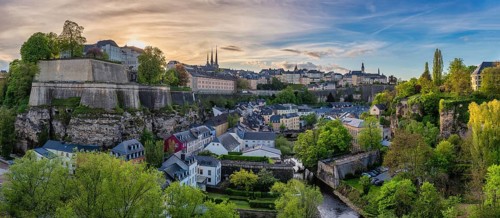 Grand Duchy of Luxembourg, sunset city skyline at Grund along Alzette river in the historical old