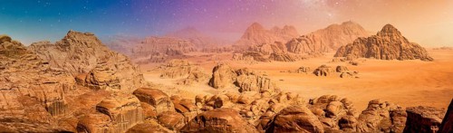 Desert and rocks on extraterrestrial or alien planet in the universe with view on space and galaxy.
