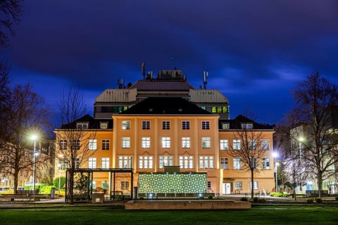 Academy building of the Montanuniversität Leoben, Gärner Park, blue hour, Leoben, Styria, Austria,