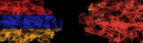 Flags of Armenia and China on Black background, Armenia vs China Smoke Flags