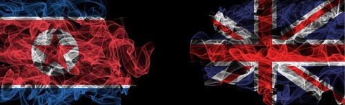 Flags of North Korea and United Kingdom on Black background, North Korea vs United Kingdom Smoke