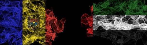 Flags of Moldova and UAE on Black background, Moldova vs United Arab Emirates Smoke Flags