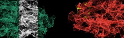 Flags of Nigeria and China on Black background, Nigeria vs China Smoke Flags