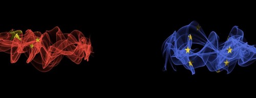 Flags of China and EU on Black background, China vs Europe Union Smoke Flags