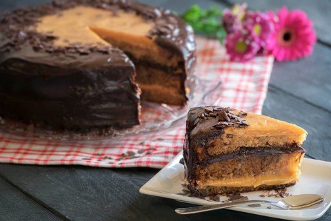 Tasty piece of cake with a Brigadeiro filling made with condensed milk and chocolate, with the