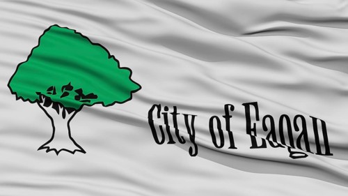 Closeup of Eagan City Flag, Waving in the Wind, Minnesota State, United States of America