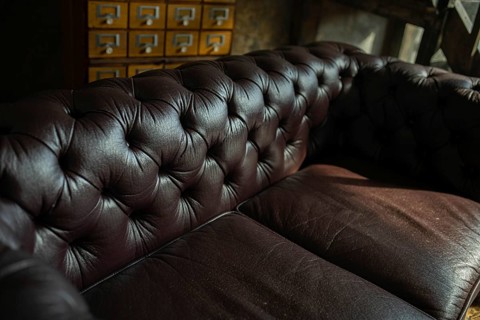 Tufted brown leather couch in a cozy setting with a vintage drawer unit