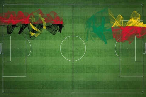 Angola vs Benin Soccer Match, national colors, national flags, soccer field, football game,