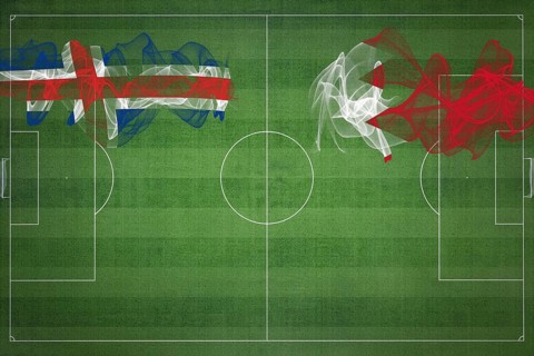 Iceland vs Bahrain Soccer Match, national colors, national flags, soccer field, football game,