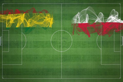 Bolivia vs Poland Soccer Match, national colors, national flags, soccer field, football game,
