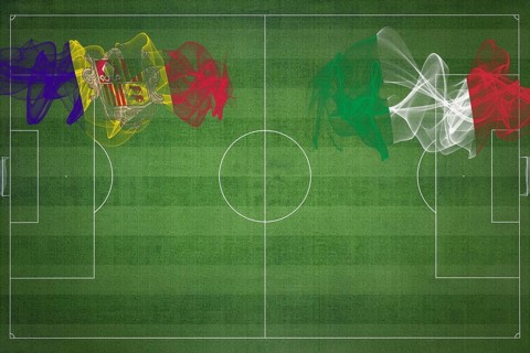 Andorra vs Italy Soccer Match, national colors, national flags, soccer field, football game,