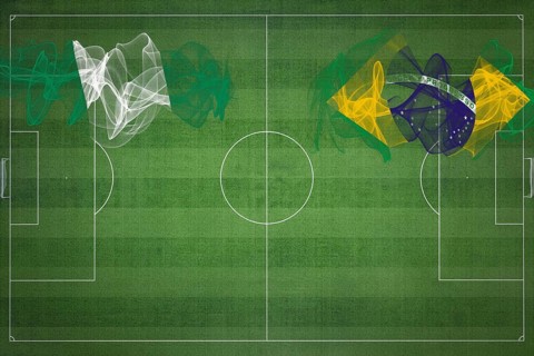 Nigeria vs Brazil Soccer Match, national colors, national flags, soccer field, football game,