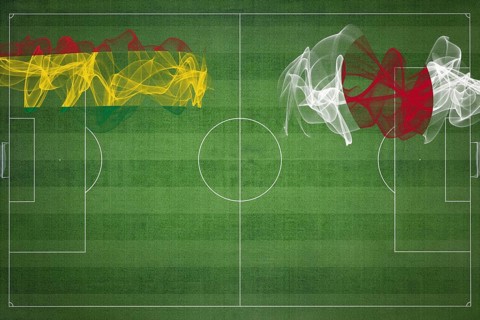 Bolivia vs Japan Soccer Match, national colors, national flags, soccer field, football game,