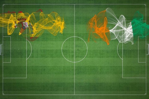 Spain vs Ivory Coast Soccer Match, national colors, national flags, soccer field, football game,