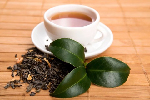 A cup of green tea with freh leaves, lodz, poland