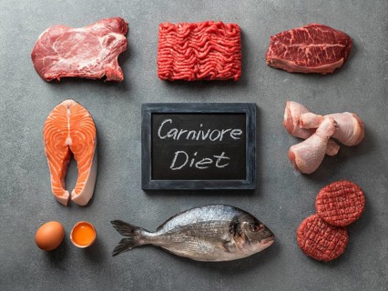 Carnivore diet concept. Raw ingredients for zero carb diet - meat, poultry, fish, seafood, eggs,