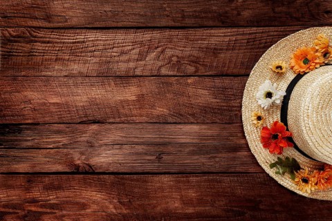 Autumn, autumntime or summer, summertime collection concept flat lay on brown wooden background