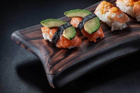 Ama Ebi Salmon Sushi With Avocado And Nigiri Shrimp Sushi