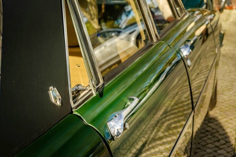 Lisbon, Portugal, Jan 20, 2024: Details of side view of classic green Rover P6 Series II or Mark II