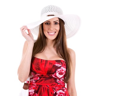 Young woman wearing red dress on white background, Toronto, Canada, North America