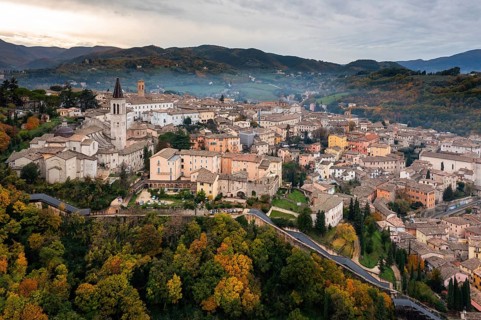 A view of the historic city center of Spoleto with the cathedral