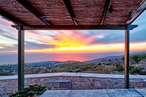 The sunset from the medieval mastic village of Avgonyma on the island of Chios, Greece, Europe
