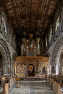 St Davids, United Kingdom, 28 August, 2022: close-up view of the historic pipe organ in the St