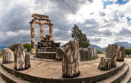 Delphi, Greece, 7 November, 2022: view of the Tholos of Delphi in the Sanctuary of Athena Pronaia