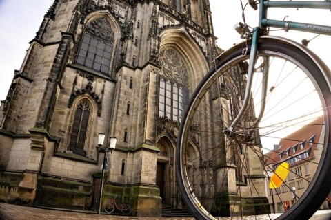 Facade of St. Lamberti Church on Prinzipalmarkt in Münster, North Rhine-Westphalia (North