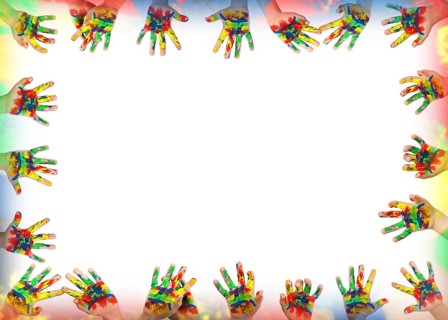 Children's hands painted with colorful paint. Infant border frame