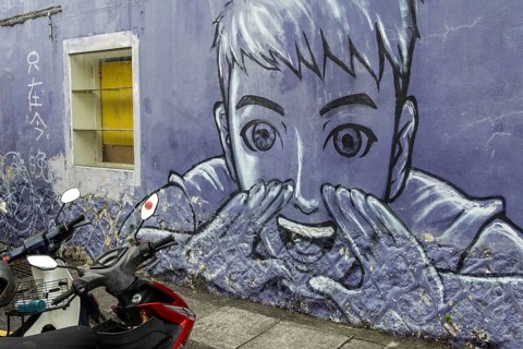 Painted wall, street art, street art, old town of George Town, Georgetown, Penang Island, Malaysia,