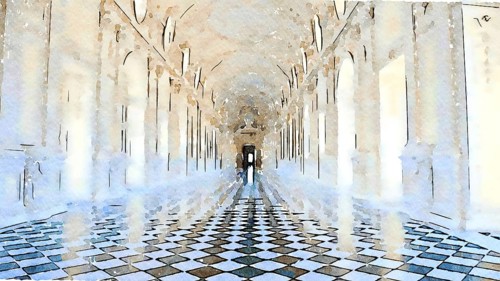 Creative illustration of Reggia di Venaria Reale gallery, Italy. Luxury marbles in baroque Royal