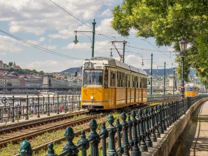 A yellow tram runs along a sunny street with green trees in a city, budapest, danube, hungary