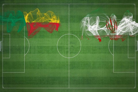 Benin vs Iran Soccer Match, national colors, national flags, soccer field, football game,
