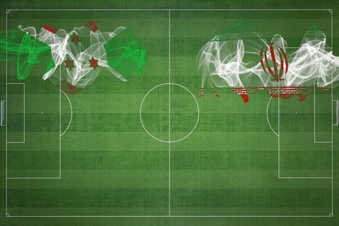 Burundi vs Iran Soccer Match, national colors, national flags, soccer field, football game,