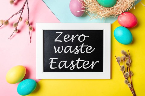 Zero waste Easter concept. Colorful eggs and pussy willow branches on bright colorful background